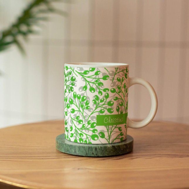 Leafy Green Pattern Modern Elegant Custom Name  Coffee Mug (Creator Uploaded)