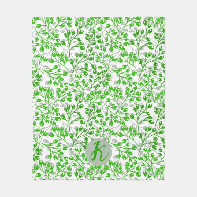 Leafy Green Pattern Modern Elegant Monogrammed Fleece Blanket (Front)