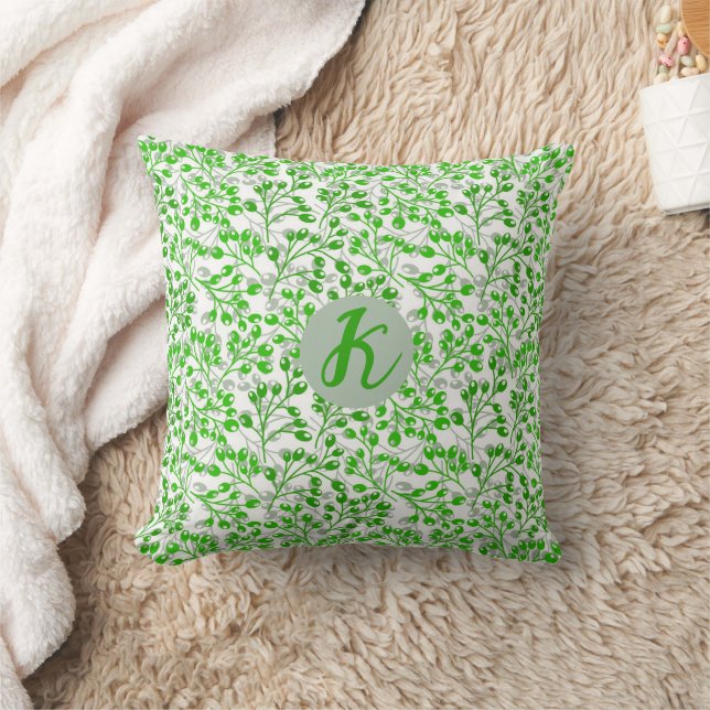Leafy Green Pattern Modern Elegant Monogrammed Throw Pillow (Blanket)
