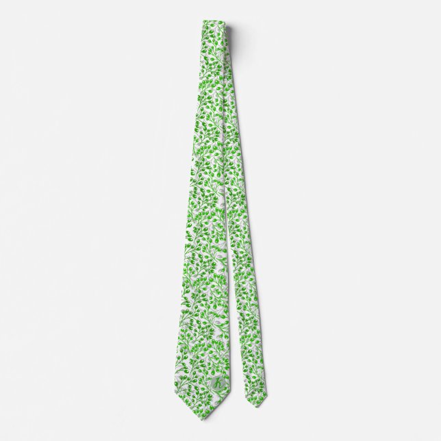 Leafy Green Pattern Modern Elegant Monogrammed Tie (Front)