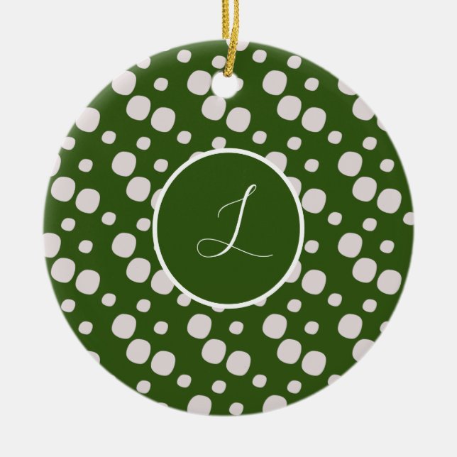 Leafy Green Pink Dots Initial Ceramic Ornament (Front)
