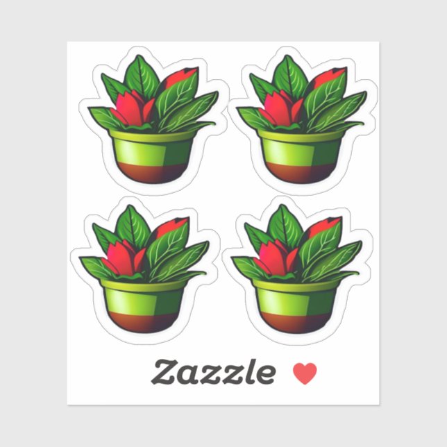 Leafy Green Plant with Red Flowers Potted Design (Sheet)