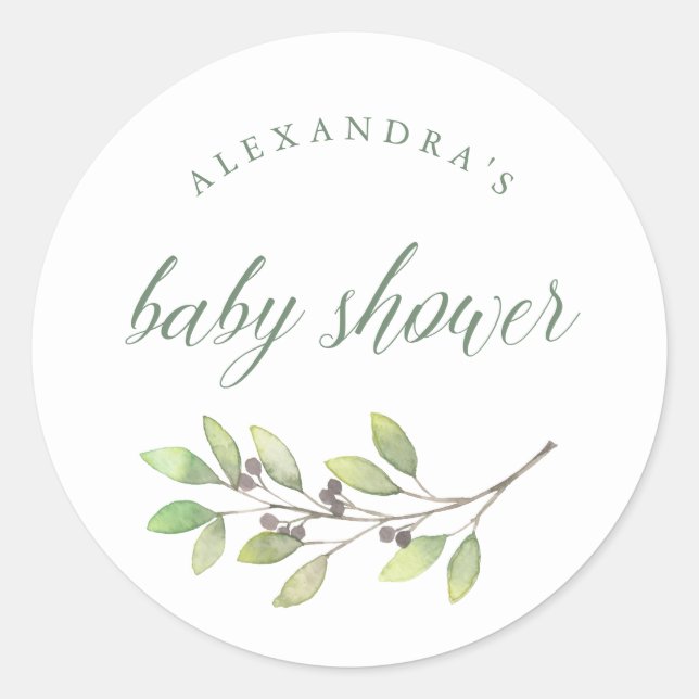 Leafy Green | Watercolor Baby Shower Classic Round Sticker (Front)
