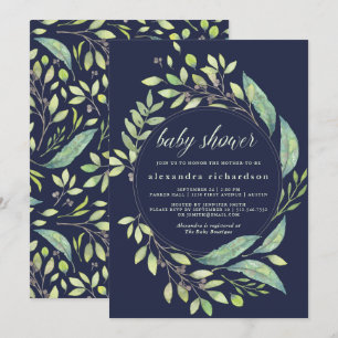 Leafy Green Watercolor Baby Shower Dark Blue Invitation