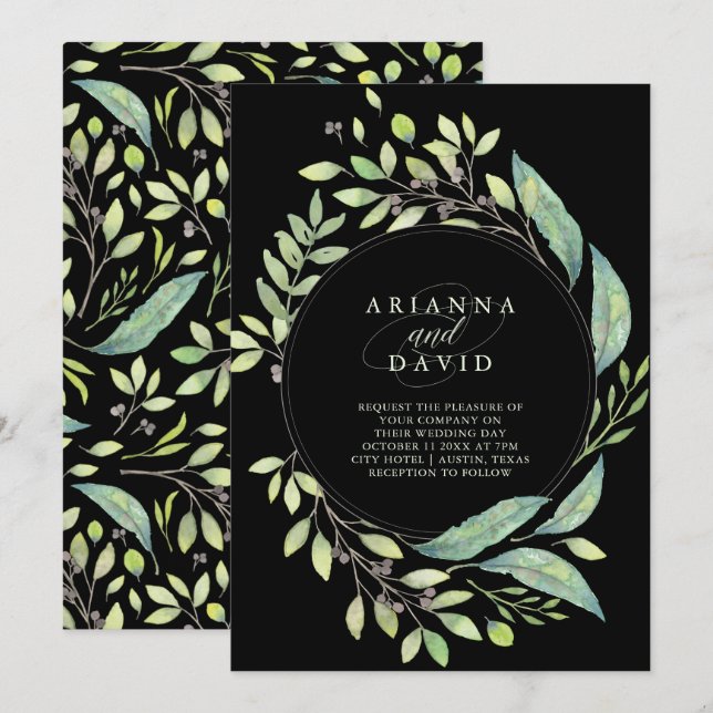 Leafy Green Watercolor Frame Wedding | Black Invitation (Front/Back)