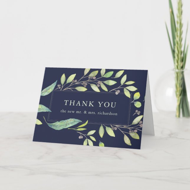 Leafy Green Watercolor | Midnight Blue Thank You Card (Front)