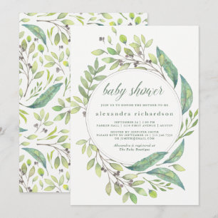 Leafy Green   Watercolor Wreath Baby Shower Invitation