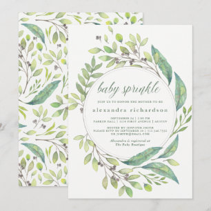 Leafy Green   Watercolor Wreath Baby Sprinkle Invitation