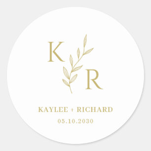 Leafy Initials Wedding Engagement Party Favour Classic Round Sticker