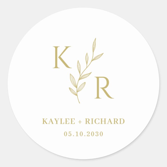 Leafy Initials Wedding Engagement Party Favour Classic Round Sticker (Front)