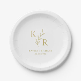 Leafy Initials Wedding Rehearsal Engagement Party Paper Plate