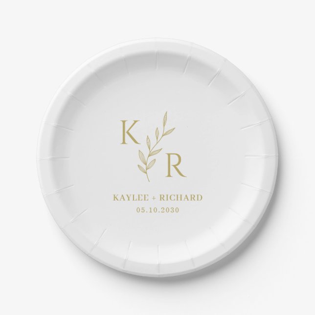 Leafy Initials Wedding Rehearsal Engagement Party Paper Plate (Front)