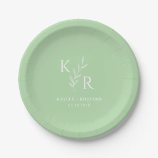 Leafy Initials Wedding Rehearsal Engagement Party Paper Plate