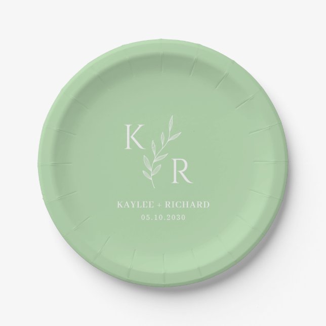 Leafy Initials Wedding Rehearsal Engagement Party Paper Plate (Front)