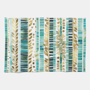 Leafy mix and match stripes teal and gold kitchen towel