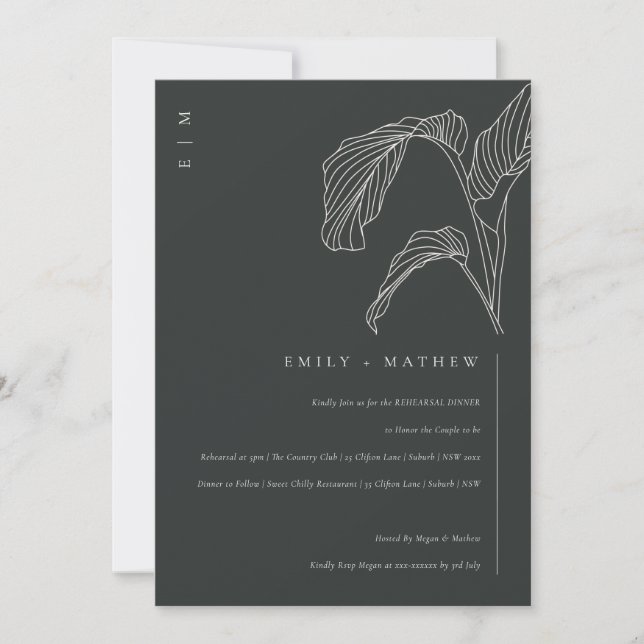 Leafy Palm Black White Rehearsal Dinner Invite (Front)