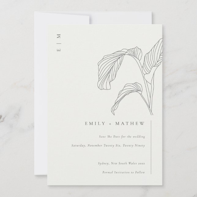 Leafy Palm Sketch Black White Save The Date Card (Front)