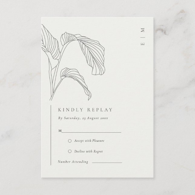 Leafy Palm Sketch Black White Wedding Reception Enclosure Card (Front)