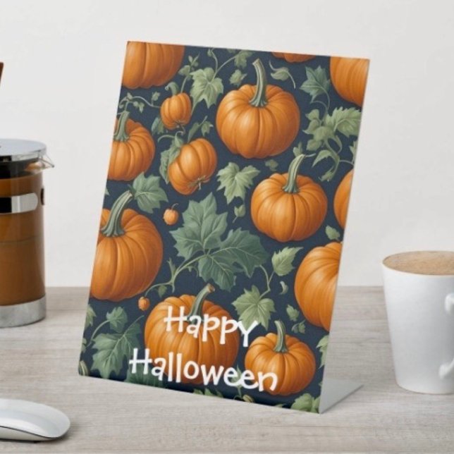 Leafy Pumpkin Patch Pedestal Sign (D: 8" x 10" display with 3" pedestal base. Available in 4 sizes Made of 1/16" white plastic.)