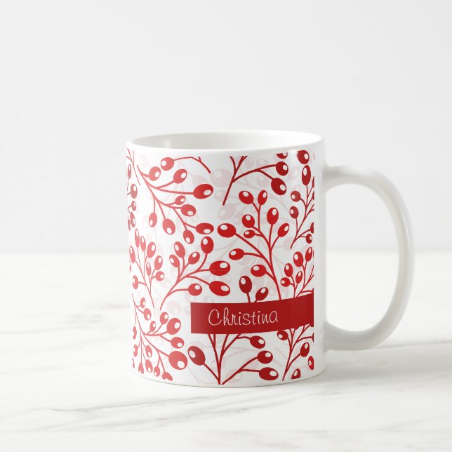 Leafy Red Pattern Modern Elegant Custom Name  Coffee Mug (Right)