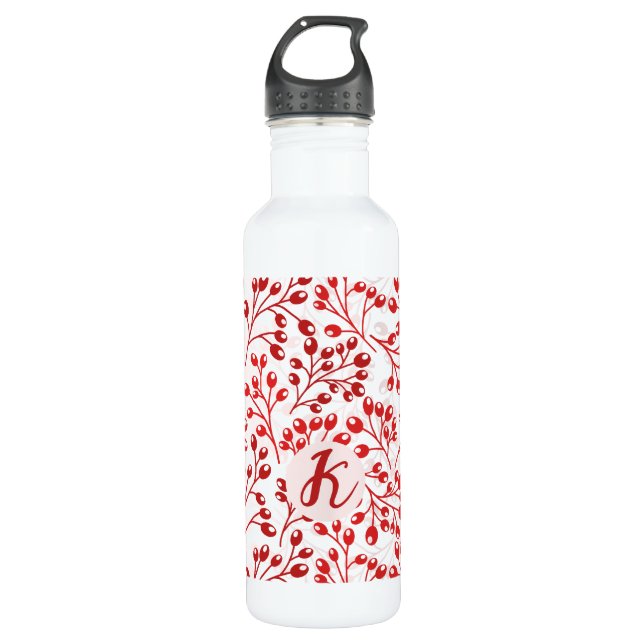 Leafy Red Pattern Modern Elegant Monogrammed 710 Ml Water Bottle (Front)