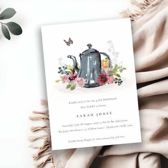 Leafy Rose Floral Teapot Any Age Birthday Invite (Creator Uploaded)