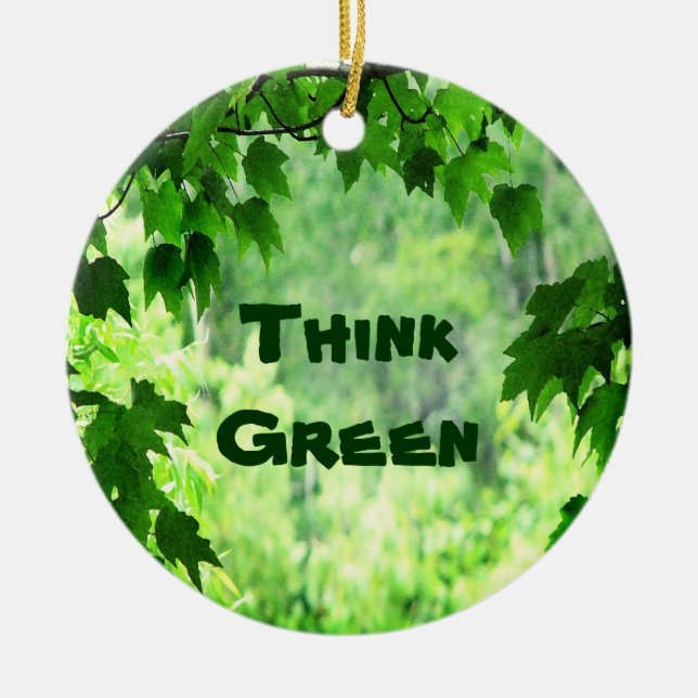 Leafy Think Green Ceramic Ornament (Front)