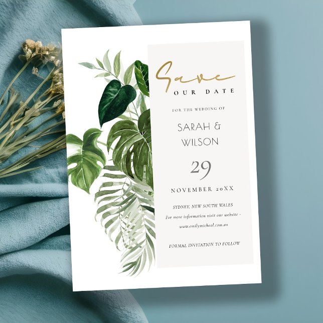 Leafy Tropical Palm Foliage Save The Date Card (Creator Uploaded)