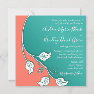 Leafy Vine Turquoise, Coral White Wedding Invitation
