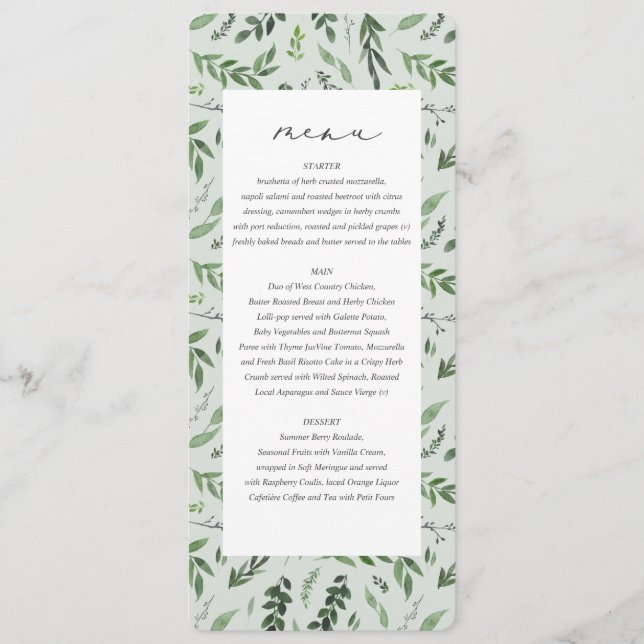Leafy watercolor botanical wedding menu (Front)