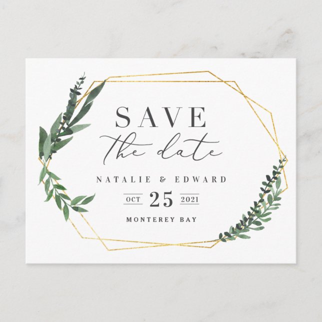 leafy watercolor floral save the date announcement postcard (Front)