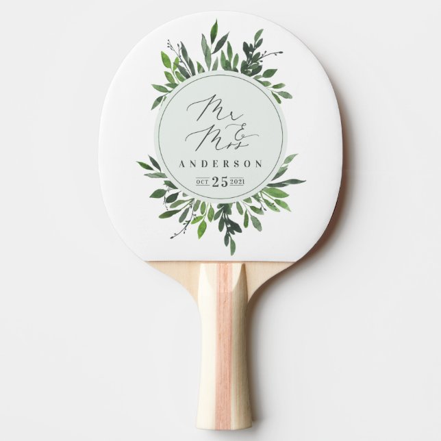 leafy watercolor Mr & Mrs wedding Ping Pong Paddle (Front)