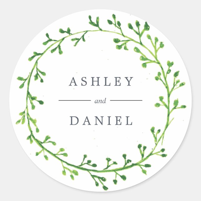 Leafy Watercolor Wreath Wedding Classic Round Sticker (Front)