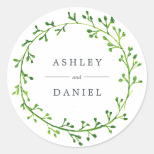 Leafy Watercolor Wreath Wedding Classic Round Sticker
