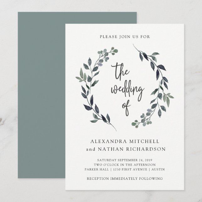 Leafy Watercolor Wreath | Wedding Invitation (Front/Back)