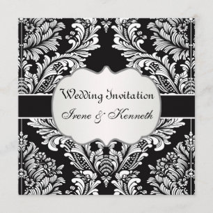 Leafy white damask on black  Wedding Invitation