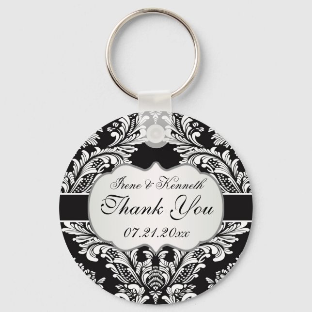 Leafy white damask pattern on a black Wedding Keychain (Front)