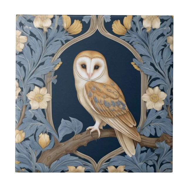 Leafy William Morris style Left facing Barn Owl Tile (Front)