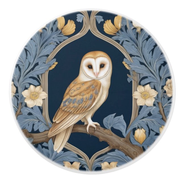 Leafy William Morris style Right facing Barn Owl Ceramic Knob (Front)