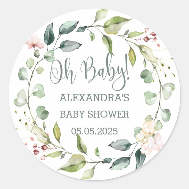 Leafy wreath Baby Shower Classic Round Sticker (Front)