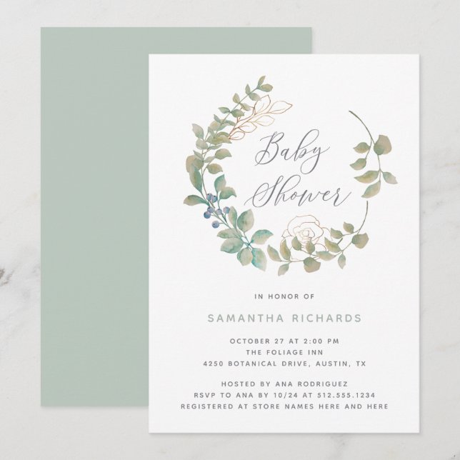 Leafy Wreath | Botanical Baby Shower with Gold Invitation (Front/Back)
