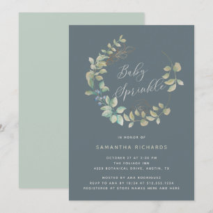 Leafy Wreath Gold Botanical Baby Sprinkle   Slate Invitation