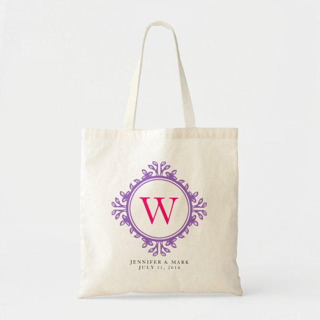 Leafy wreath purple monogram personalized tote bag (Front)