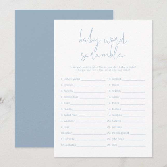 LEAH Vibrant Pastel Blue Baby Word Scramble Game Invitation (Front/Back)