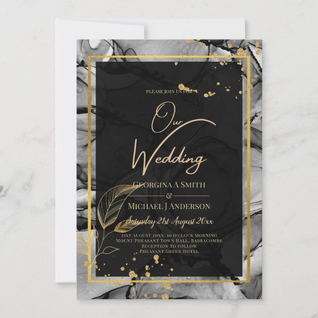 LeahG® Black Gold Alcohol Ink Wedding INVITE (Front)