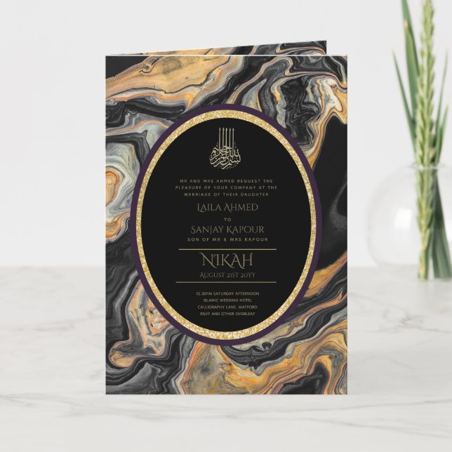 LeahG Black Gold Islamic Muslim Wedding Invites (Front)