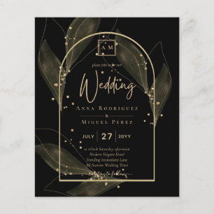 LeahG Black Gold Leaves Modern Wedding INVITE