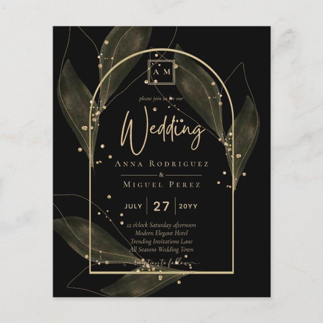 LeahG Black Gold Leaves Modern Wedding INVITE (Front)