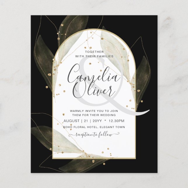 LeahG Black Gold Leaves Modern Wedding INVITE Flyer (Front)