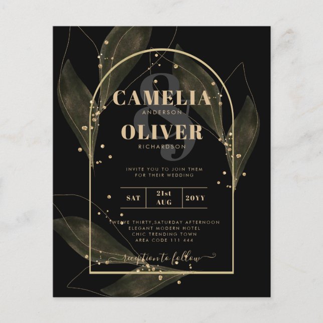 LeahG Black Gold Leaves Modern Wedding INVITE Flyer (Front)